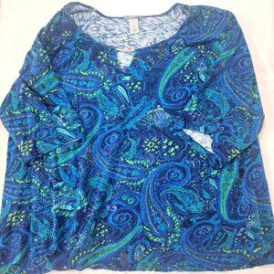 Catherines Women's Shirt Top Blue Green Peacock Colors Size 3X 1/2 Sleeve